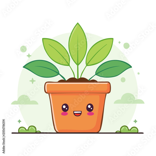 Flat design plant pot with green leaves