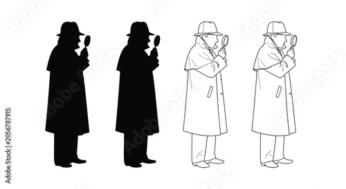 Fotografie Detective With Magnifying Glass Black Silhouette And Line Art Variations
