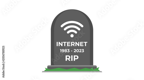 Tableau sur toile Internet is Dead: A tombstone-shaped graphic with a Wi-Fi symbol on top, inscribed with INTERNET 1983-2023 RIP, symbolizes the demise of internet connectivity