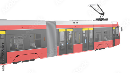 Modern articulated city tram, red and grey electric streetcar locomotive 3D render isolated on transparent png background.