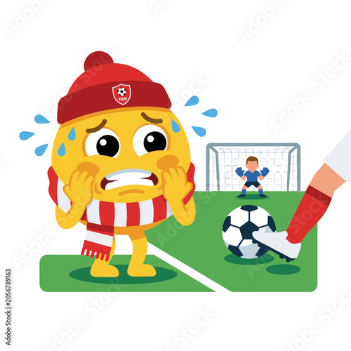 Bild auf Leinwand Anxious Emoji Fan at Football Match: A worried yellow emoji, dressed in a red winter hat and scarf, sweats nervously on the sidelines of a soccer game, mirroring the tension of a penalty kick