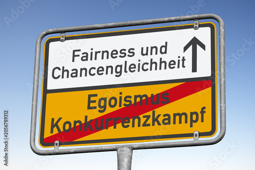 Fotografía Symbolisches Ortsschild, das für eine Fairness und Chancengleichheit steht