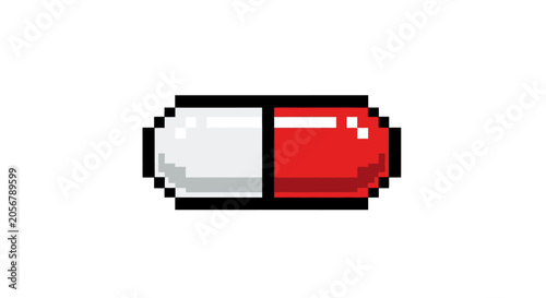 Red and white capsule pill icon.