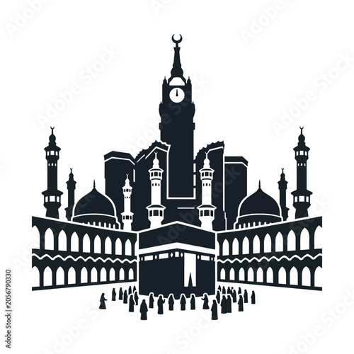 Photos Islamic Kaaba silhouette vector, Makkah grand mosque and clock tower illustratio
