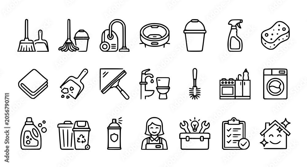 Fototapeta premium Premium House Cleaning Outline Icons with Vacuum Mop Washing and Housekeeping Symbols