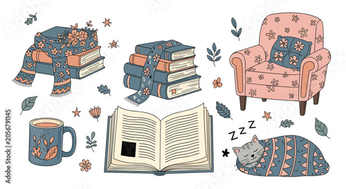 Cozy home reading set featuring stacks of books wrapped in winter scarves, a warm mug of tea, and a sleeping cat.