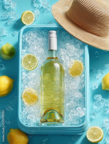 A bottle of white wine is in a cooler with ice and a straw hat