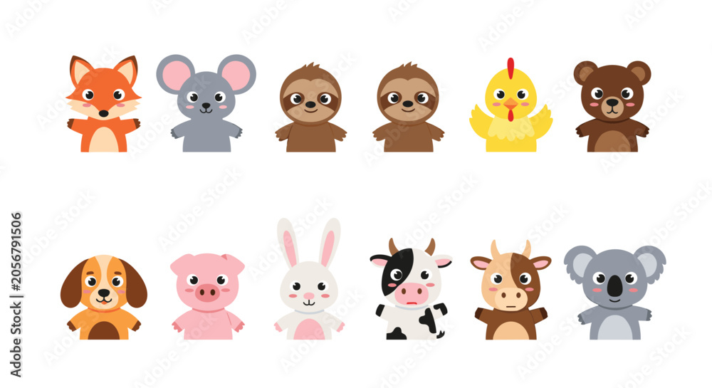 Fototapeta premium Set of cute animal finger puppets or cartoon hand puppets including fox, mouse, sloth, bear, dog, pig, cow, rabbit, and koala.