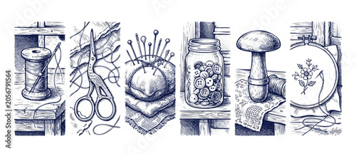 Fotografía Sewing notions vintage engraving illustration set featuring spool of thread, stork scissors, pincushion, buttons jar, darning mushroom, and embroidery hoop