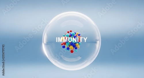 Immunity protection shield concept, medical health defense bubble with colorful molecules, immune system support and wellness visualization