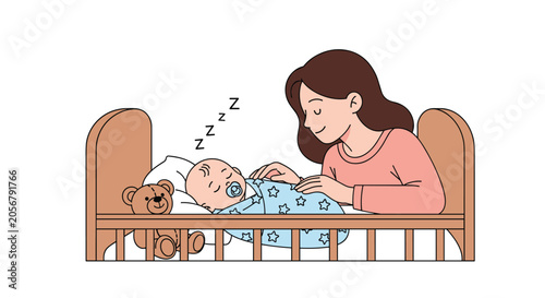 Loving mother looking affectionately at her cute baby sleeping peacefully in a wooden crib next to a teddy bear.