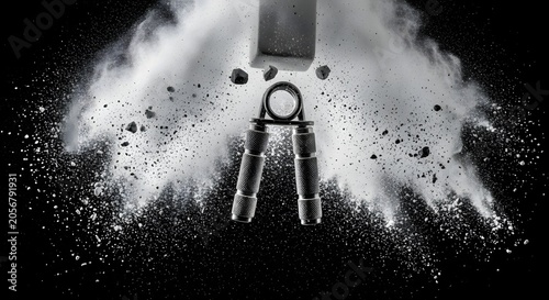Metal hand gripper with chalk powder explosion, fitness strength training equipment on black background, athletic power and grip exercise concept