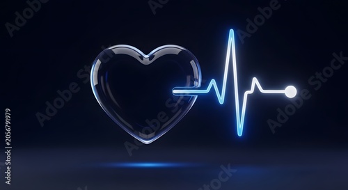Glowing heartbeat pulse line with glass heart symbol, neon blue medical cardiogram on dark background, digital health and cardiology concept