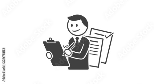 Foto Happy professional man in a suit holding a clipboard and pen, diligently working with documents, symbolizing productivity and organization on an isolated white background
