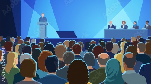 Diverse audience watching corporate keynote presentation in conference hall, professional seminar flat vector illustration.