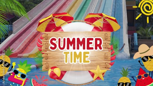 Vibrant cartoon characters enjoy summer time by colorful water slides