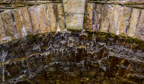 Small calcite stalactites, pointed sedimentary formations dripping with water, hang from the ceiling of an old arched bridge. Historic Byrd Creek Dam