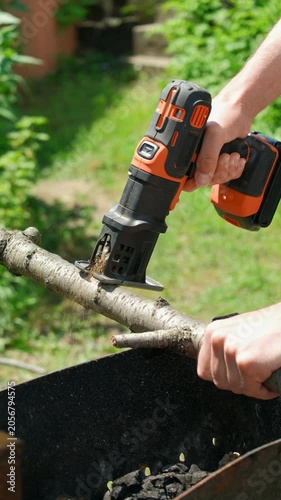 Cutting a branch with a jigsaw