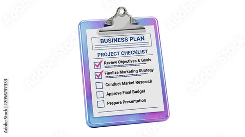 Vector illustration of clipboard with a business plan project checklist on a transparent background