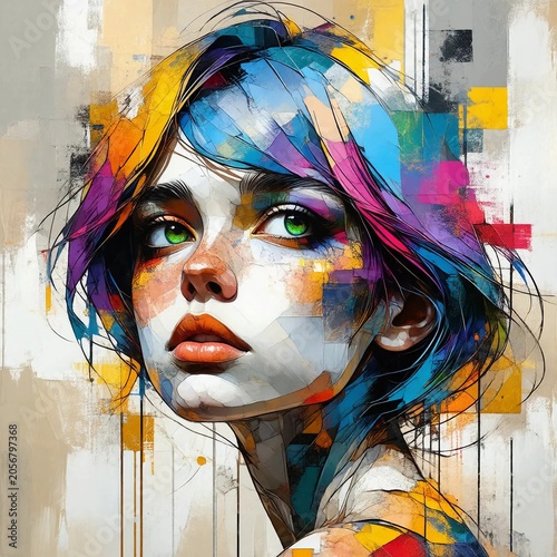 Artistic illustration. Portrait of a young woman in vibrant colors and geometric patterns. Abstract