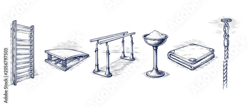 Foto Gymnastics equipment vintage sketch set featuring detailed hand-drawn parallel bars, Swedish stall ladder, springboard, chalk stand, folding mat, and climbing rope for retro physical sports training