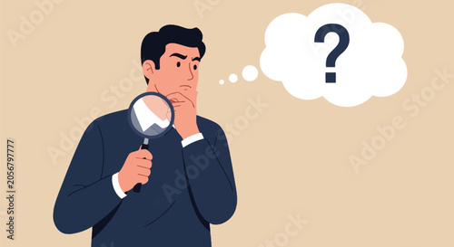 Foto Man with magnifying glass thinking about question mark, deep contemplation and problem solving, searching for answers, confusion, seeking clarity
