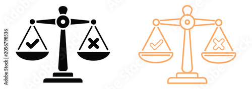 Foto Scales of justice icons in four color variations, representing legal balance, fairness, law enforcement, judicial systems, and professional legal services