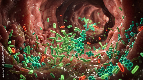 Bild auf Leinwand Microscopic view of gut microbiome bacteria inside the human intestine
