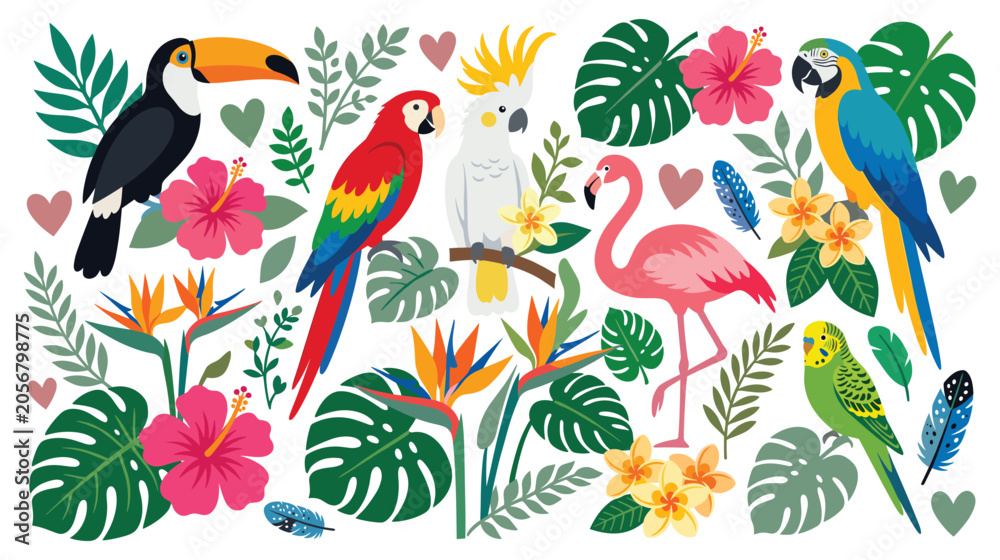 Obraz premium Tropical birds and flowers including flamingo parrot toucan.