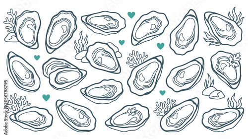 Bild auf Leinwand Oyster shells and seafood delicacies collection seamless pattern.