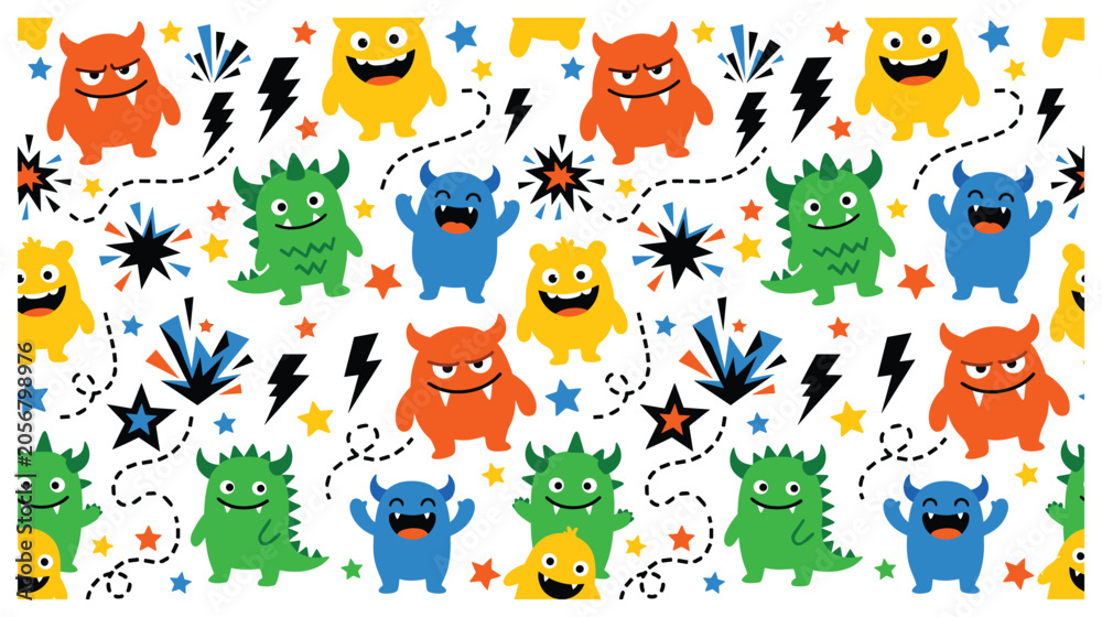 Fototapeta premium Funny monster pattern with cute characters and symbols.