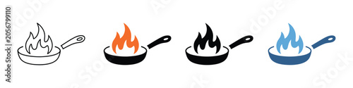 Tableau sur toile Cooking pan icons showcasing fire flames in clean linear and solid vector designs, suitable for culinary branding, hospitality businesses, and food applications