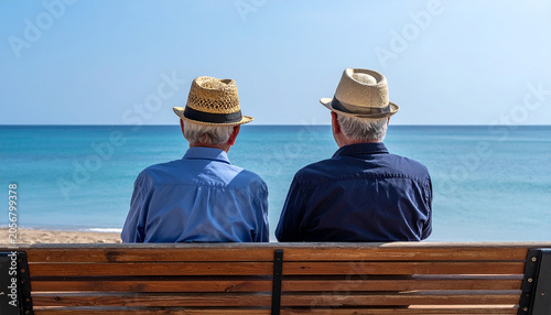 Senior men in straw hats sitting on bench looking at calm sea horizon photo web banner.