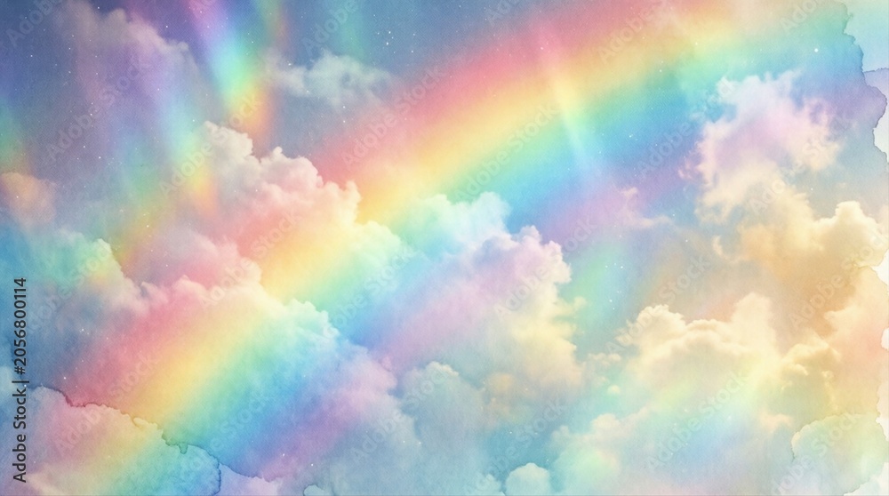 Fototapeta premium Rainbow arching over pastel clouds across bright sky backdrop