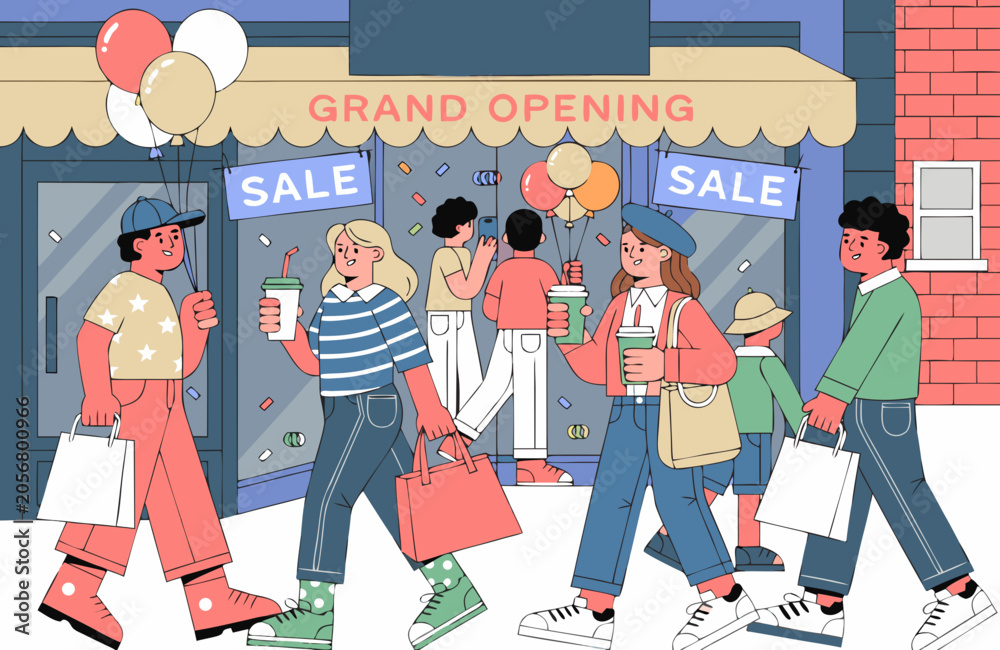 Obraz premium Happy customers entering a newly opened retail store with balloons and sale signs, showcasing a vibrant atmosphere during the grand opening event