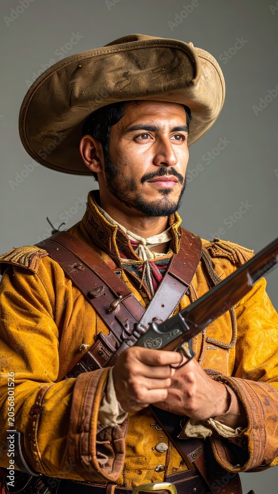Fototapeta premium Portrait of a Hispanic Man in Historical Military Attire Holding a Rifle