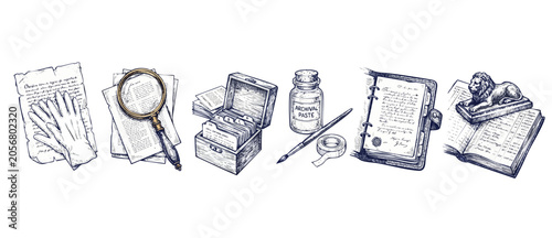 Schilderij op canvas Vintage archival research tools set for document preservation and historical library cataloging, featuring magnifying glass, old manuscripts, card index, and ledger book in hand drawn engraving style