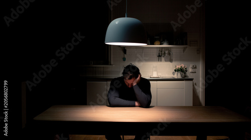 Man resting his head on folded arms at a kitchen table under soft light ,alone man sitting in empty room, alone lamp in the dark room, alone man, a man working in the evning in emp