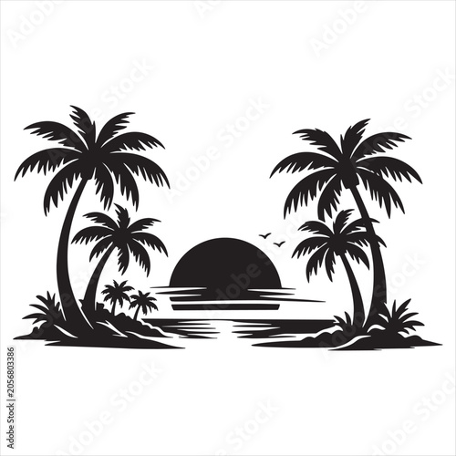Tropical beach at sunset with palm tree silhouettes and dark ocean waves tropical silhouette vacation landscape paradise