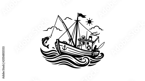 Black and white fishing boat sailing.