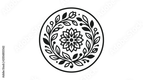 Black and white floral circular emblem.