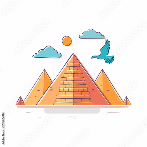 Stylized Egyptian Pyramids with Bird and Sun
