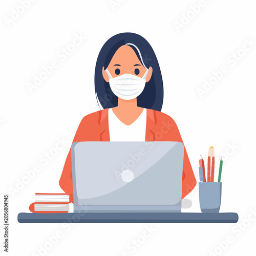 Woman wearing face mask working on laptop at desk