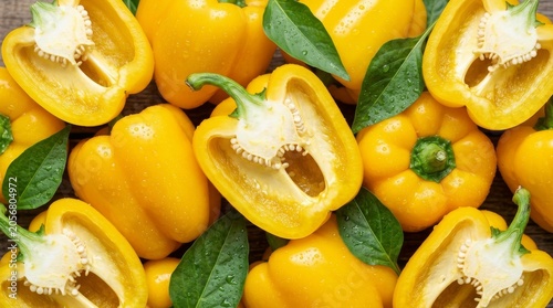 Yellow bell pepper arrangement background with green leaves for fresh produce banner and food packaging design
