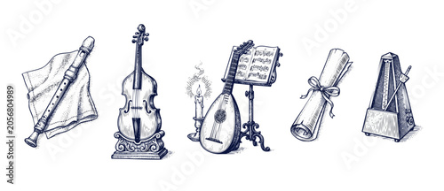 Bild auf Leinwand Vintage music instruments engraving set featuring violin flute lute sheet music metronome scroll candle hand drawn sketch isolated on white background for classical concert orchestra design elements