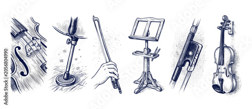 Εκτύπωση καμβά Violin drawing vintage sketch set of classical music instrument elements featuring wood music stand, cello bow details, hand engraved illustration for retro concert poster and orchestra decor concept