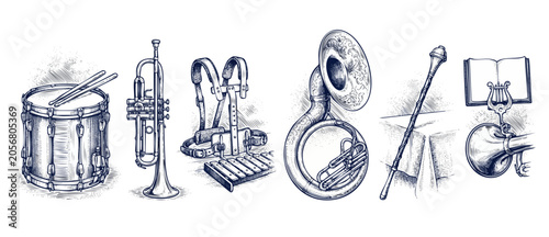 Bild auf Leinwand Marching band instruments set in vintage hand-drawn engraving style, featuring snare drum, trumpet, glockenspiel harness, sousaphone tuba, drum major mace, and sheet music lyre on white background