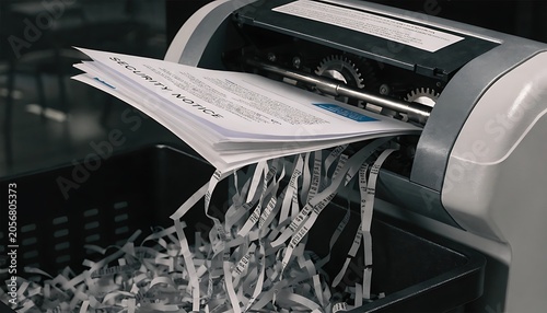 A close-up office security scene showing a modern paper shredder actively feeding in a stack of sensitive documents, with thin strips of shredded confidential files spilling out into a collection bin 