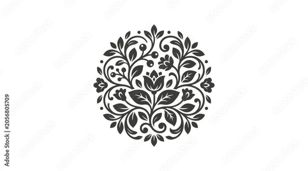 Fototapeta premium Black floral decorative circular design element.