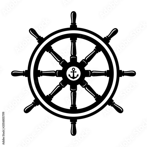 Fotografie Black ship helm wheel with anchor.